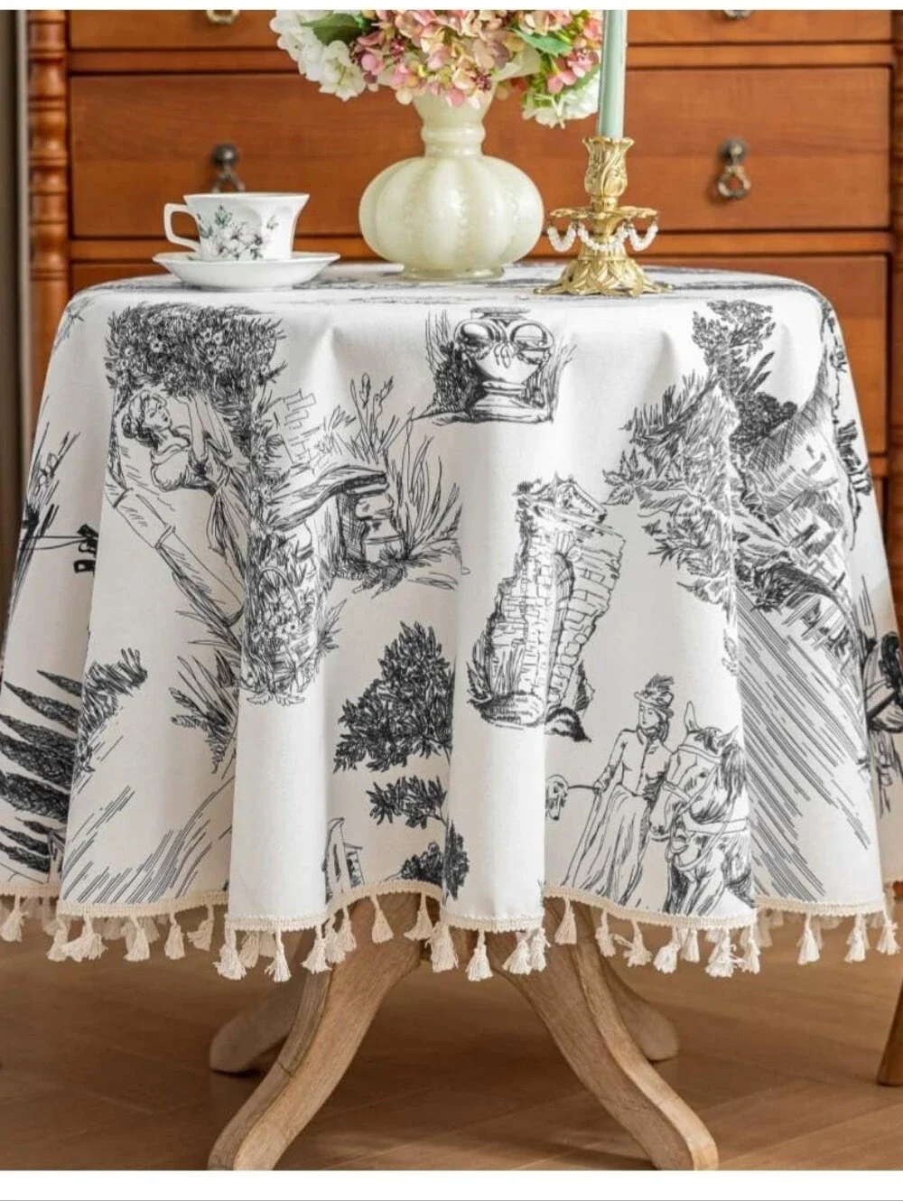 Classic Black & White Toile Tassel Tablecloth - Home Dining